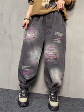Laden Sie das Bild in den Galerie-Viewer, Autumn Fashion Ripped Jeans Womens Loose Embroidery Denim Pants Ladies Casual Vintage Elastic Punk Harem Trousers