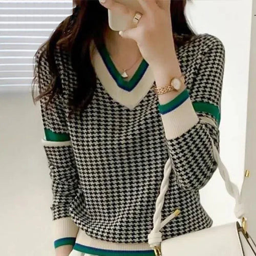 2023 new long sleeve Autumn Winter V-neck Houndstooth Casual Fashion Sweater Ladies Knitting Jumper Top Women Pullover Outwear