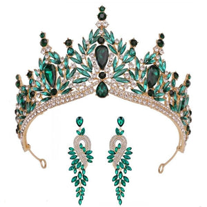 Luxury Crystal Leaves Forest Queen Wedding Crown With Earrings Rhinestone Hair Accessories bc88 - www.eufashionbags.com