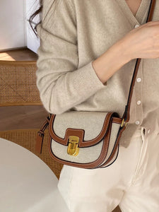 2023 New Small Style Contrast Panel Canvas Retro One Shoulder Crossbody Saddle Bag