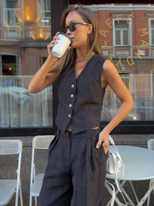 Wolfeel Womem Linen Cotton Chic Vest ＆ Pants Suit Two-Piece Set Office Summer Chic 2 Piece Sets