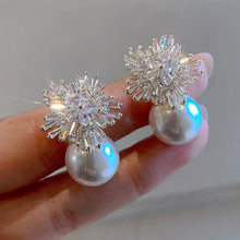 Load image into Gallery viewer, Flower Design Simulated Pearl Earrings for Women Cubic Zirconia Drop Earrings