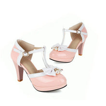 画像をギャラリービューアに読み込む, Mixed Colors Ankle-Wrap Sandals 6cm Thin Heels T-Strap Cute Sweet Crystal Bow Shoes Round Toe Shiny Leather