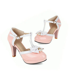 Mixed Colors Ankle-Wrap Sandals 6cm Thin Heels T-Strap Cute Sweet Crystal Bow Shoes Round Toe Shiny Leather