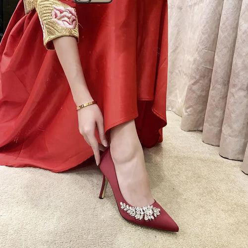 Luxury Wedding Party Sexy Shoes Women's Crystal Champagne Bridesmaid Banquet White 9cm High Heels Shoes Wine Red Pumps