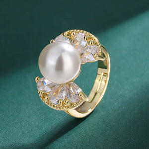 10mm White Pearl Bowknot Couple Rings Adjustable Jewelry Sets for Women Wedding Charms Accessory