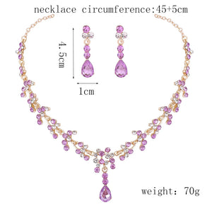 Luxury Wedding Bridal Purple Pink Crystal Necklace Earrings Jewelry Sets For Women