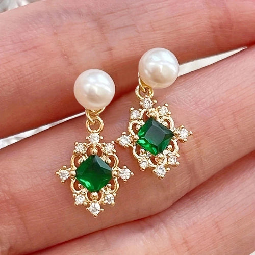 Green Cubic Zirconia Drop Earrings for Women Removable Imitation Pearl Earrings