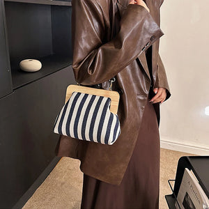Canvas Bag Stripe Crossbody Kiss Lock Top-Handle Handbag Strap Vintage Purse Shell Evening Women Shoulder Bags