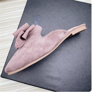 Women Spongy Sole Butterfly-Knot Flat Slides Mules Square Toe Wide Fitting Flock Cloth Summer Sweet Shoes