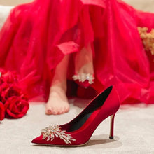 Load image into Gallery viewer, Maogu Satin Rhinestone Crystal Shallow Pumps Stiletto High Heel Luxury Women&#39;s Shoe Spring White Women Bridal Wedding Shoes