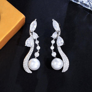 White Bling Cubic Zirconia Paved Symmetrical Dangle Drop Long Pearl Earrings for Women cw14 - www.eufashionbags.com