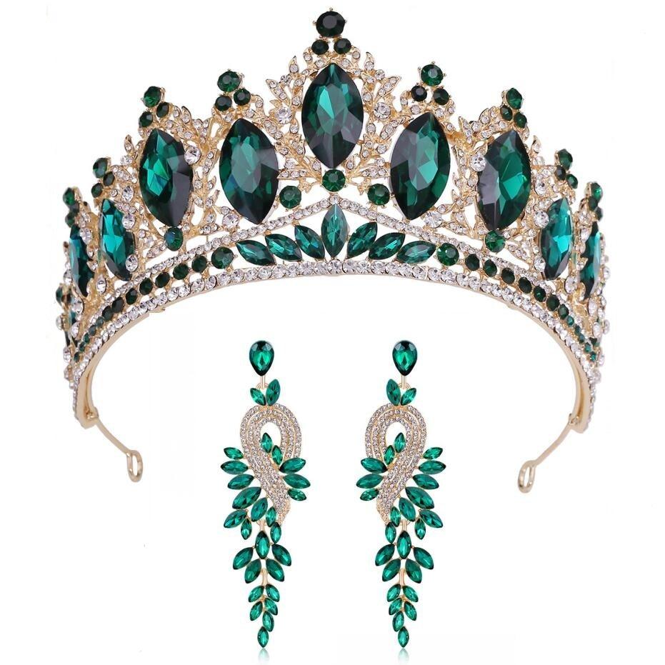 Green Crystal Leaf Tiaras Forest Wedding Crowns With Earrings bc112 - www.eufashionbags.com