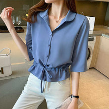 Load image into Gallery viewer, Summer Women All-match Solid Turn-down Collar Half Sleeve Chiffon Shirt Fashion Casual Shirring Single-breasted Blouses