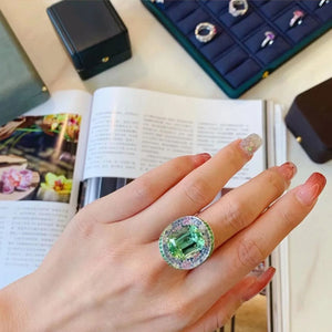 Silver Color Temperament Vintage Inlay Mint Green Tourmaline Rings for Women Sparkling CZ Wedding Jewelry