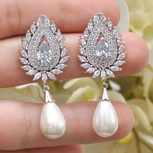 Fashion Women Imitation Pearl Earrings Full Paved Bling White CZ Wedding Jewelry he28 - www.eufashionbags.com
