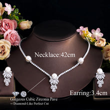 Load image into Gallery viewer, Cubic Zirconia Feather Jewelry Sets for Women Pearl Drop Wedding Necklace and Earrings b91