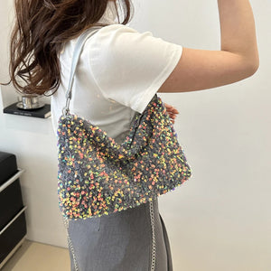 Solid Color Sequins Crossbody Bag Simple Chain Women's Small Square Bag Handbag Underarm Bag Evening Clutch Bag Female