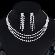 Load image into Gallery viewer, White Cubic Zirconia Pave 3 Layered Wedding Dress Necklace and Earrings Jewelry Sets cw18 - www.eufashionbags.com
