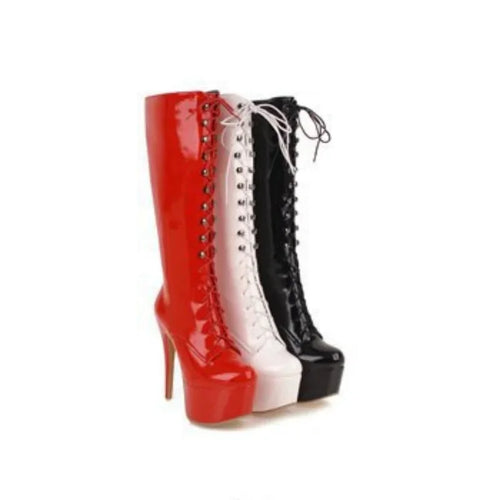 Red Knee High Boots Women 2024 Platform Sexy High Heels Winter Shoe Lace-up Black White Women's Fashion Long Boot Large Size 48
