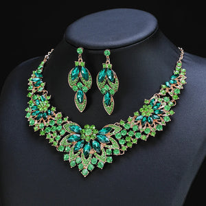 Bride Jewelry Sets for Women Luxury Green Necklace Set Earrings Wedding Dress Necklace Fashion Costume Accessory
