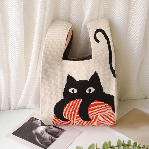 Casual Cat Handmade Tote Shoulder Bag Wrist Knot Bag Women's Reusable Small Shopping Bags Knitted Purse and Handbag