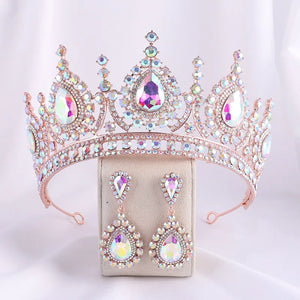Baroque AB Color Rhinestone Crystal Queen Crown With Earrings Wedding Tiaras Hair Jewelry a31
