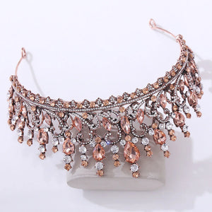 Gold Color Pink Opal Branch Geometric Wedding Crown Royal Queen Tiaras Rhinestone Hair Accessories