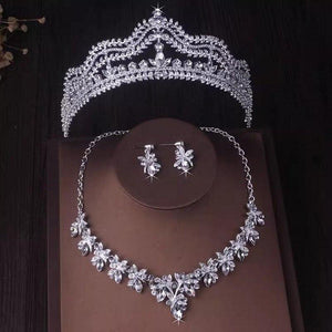 Silver Color Crystal Leaf Bridal Jewelry sets Rhinestone Crown Tiaras Choker Necklace Earrings bn01 - www.eufashionbags.com