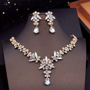 Green Crystal Tiaras Bridal Jewelry Sets for Women Choker Necklace Earrings With Crown Wedding Dress Costume Accessories