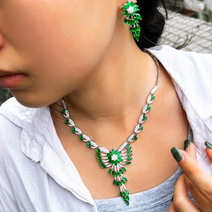 2pcs Green Cubic Zirconia Feather Dress Jewelry Sets Wedding Necklace Earrings b59