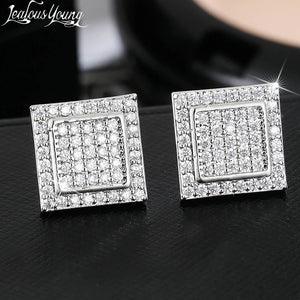 Luxury White Gold Color Stud Earrings Square Zircon Micro Earrings For Men and Women