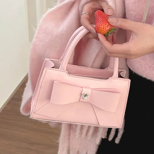 Pink Womens Handbag Cute Bow Small Pu Leather Fashion Casual Shoulder Bag Literary Advanced Crossbody Bag