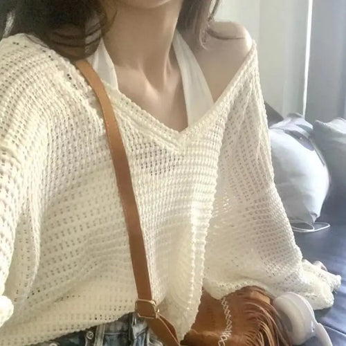 2024 Korean Retro Casual Long Sleeve Sexy Hollow Out Hole Sweater Outwear Loose Pullover Chic Perspective Thin Knit Sweater Tops