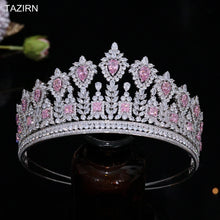 画像をギャラリービューアに読み込む, Luxury Pink CZ Tall Crowns Wedding Tiaras Women Zircon Hair Jewelry Princess Queen Champagne Headdress