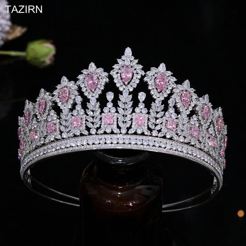 Luxury Pink CZ Tall Crowns Wedding Tiaras Women Zircon Hair Jewelry Princess Queen Champagne Headdress