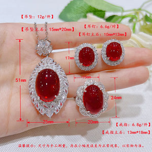Silver Color Simulation Pigeon Ruby Jewelry Sets for Women Exaggerated Pendant Necklaces Stud Earrings Ring