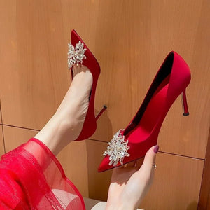 Maogu Satin Rhinestone Crystal Shallow Pumps Stiletto High Heel Luxury Women's Shoe Spring White Women Bridal Wedding Shoes