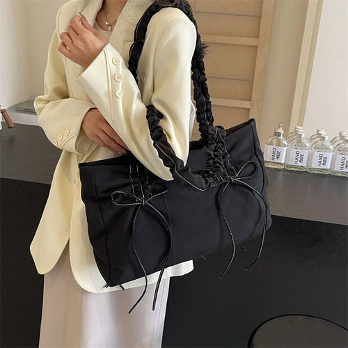 Bow Design Y2K Solid Color Soft Cloth Design Shoulder Bags for Women 2024 Fashion Shopping Handbags