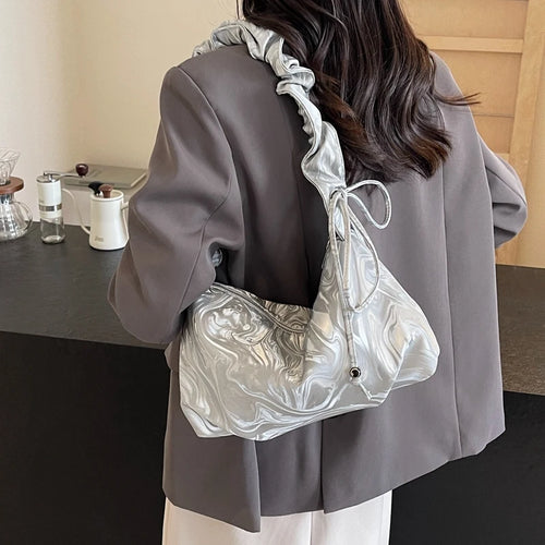 Silver Pu Leather Shoulder Bags for Women 2024 Summer Trendy Fashion Handbags and Purses Trend Underarm Bag