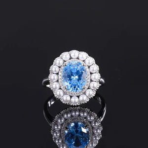 925 Sterling Silver Sea Blue Sapphire Pearl Rings Trend for Women Jewelry x11