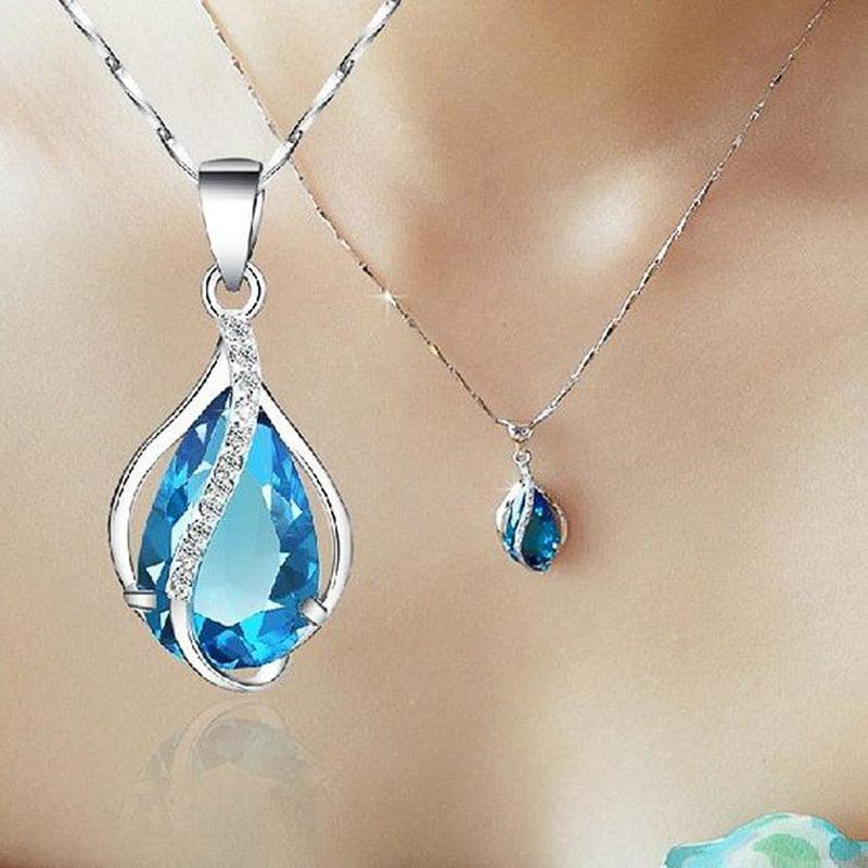 Sky Blue Water Drop Cubic Zirconia Necklace Women Luxury Jewelry hn80 - www.eufashionbags.com