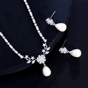 White CZ Flower Leaf Wedding Party Pearl Necklace and Earrings Jewelry Sets for Women