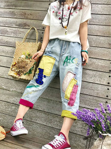 Plus Size Elastic Waist Embroidery New Jeans For Women Summer Loose Harem Pants Spring Casual Clothes