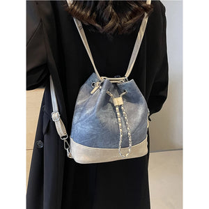 Women Fashion Bucket Bags Patchwork String Chain Shoulder Pack Female Casual Commute Large Handbags