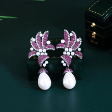 Load image into Gallery viewer, Glamorous Fuchsia Cubic Zirconia Earrings Pave Flower Leaf Long Pearl Earrings for Women
