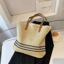 Load image into Gallery viewer, Casual Striped Straw Bag For Women Large Woven Shoulder Bag Summer Holiday Beach Bag Handmade Shopping Tote