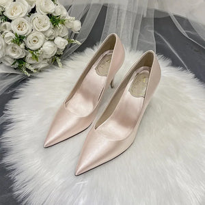 2024 Wedding Dress Shoes White High Heels Women's 9CM Fine Heels Silk Banquet Single Shoes Champagne Bridesmaid Shoe Large 42 43