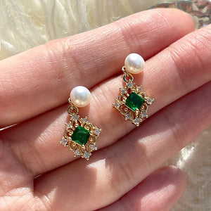 Green Cubic Zirconia Drop Earrings for Women Removable Imitation Pearl Earrings