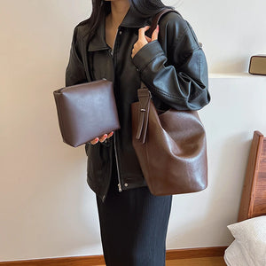 2 PCS/Set Fashion PU Leather Shoulder Bag for Women Solid Color Purses w39